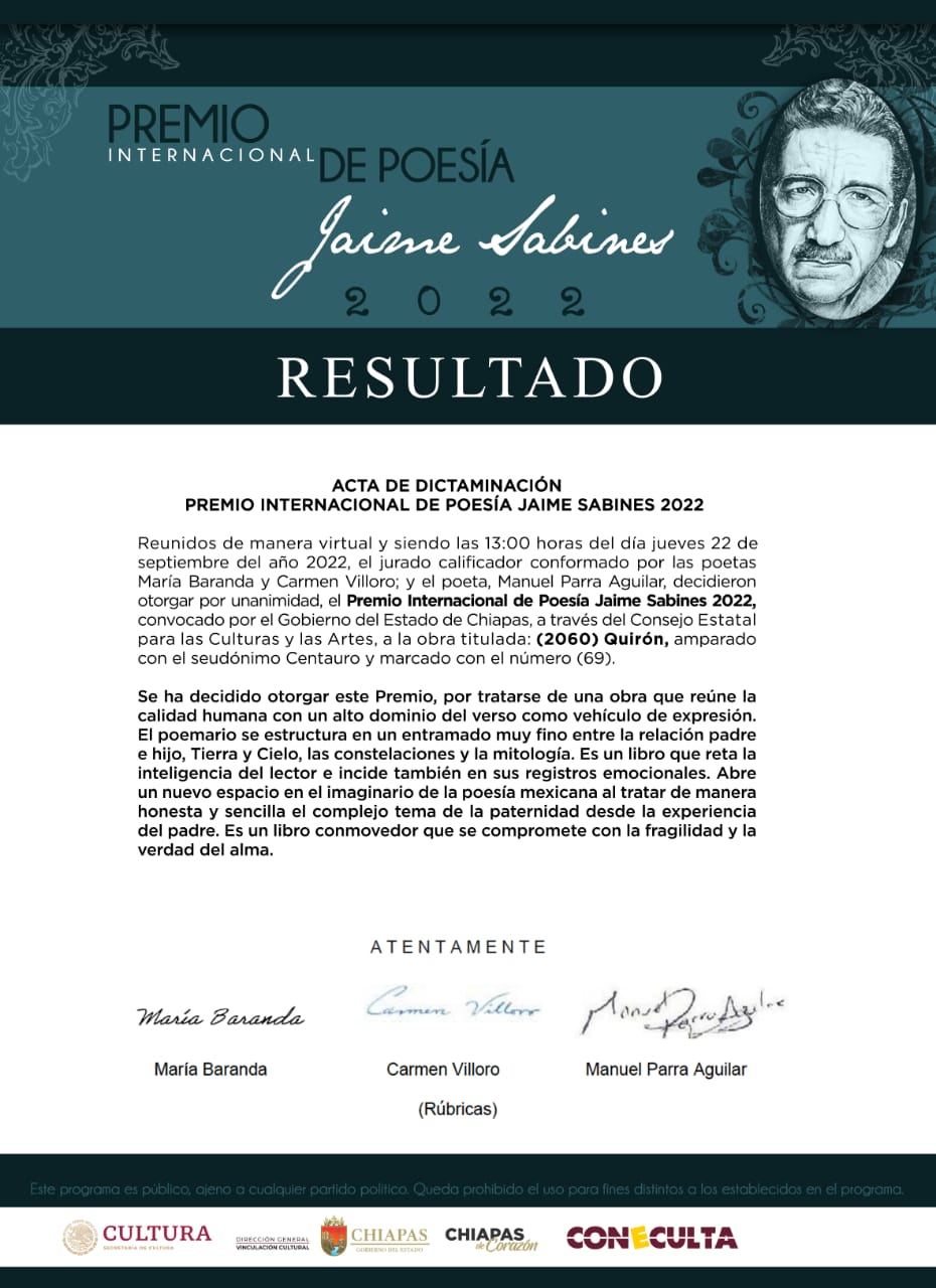 Resultado Premio Internacional de Poesía "Jaime Sabines" 2022